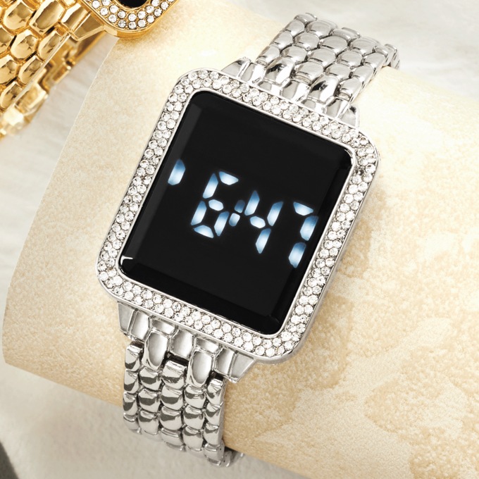 Women&rsquo;s Crystal Rectangular Digital Watch, Silvertone, large
