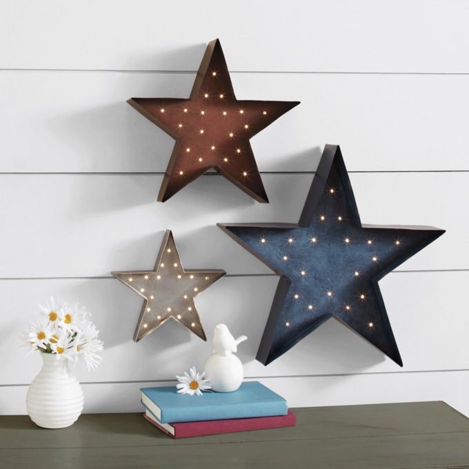 Set of 3 Lit Rustic Americana Stars, Multi, large