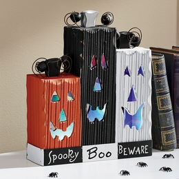 Lit Wood Block Pumpkins, , large