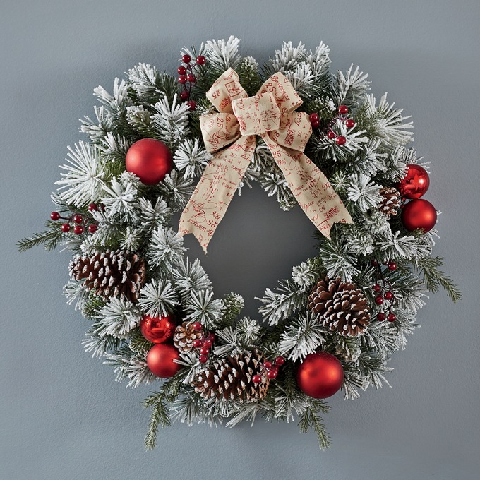 Red Ball and Berry Flocked Wreath, , large