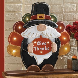 Chunky Wood Cutouts Lit Turkey Gnome, , large