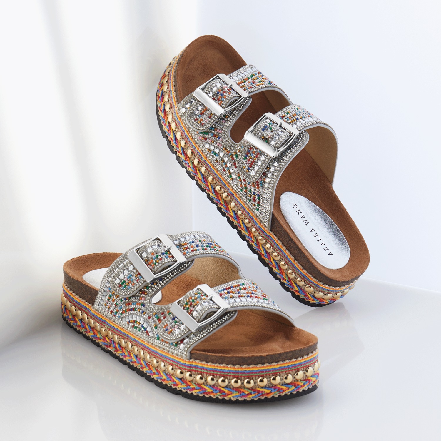 Azalea Wang Ezri Double-Buckle Sandal with Rhinestones | Seventh