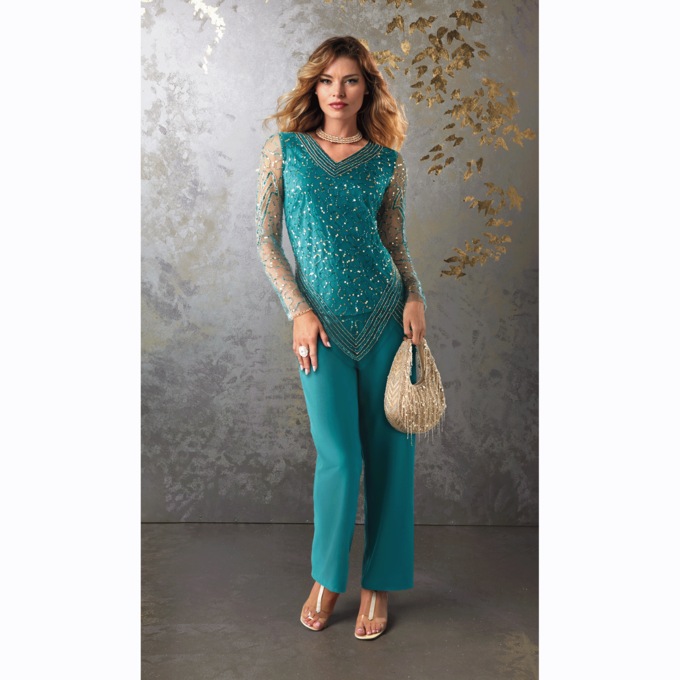 Selena Embellished 2-Piece Women's Pant Set with Beaded Mesh Top, , large