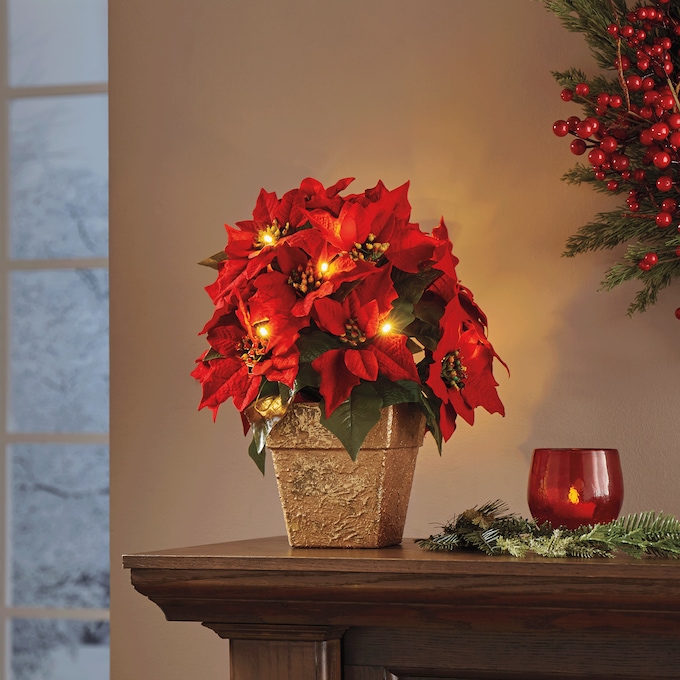 Lit Faux Poinsettia Plant In Pot, , large