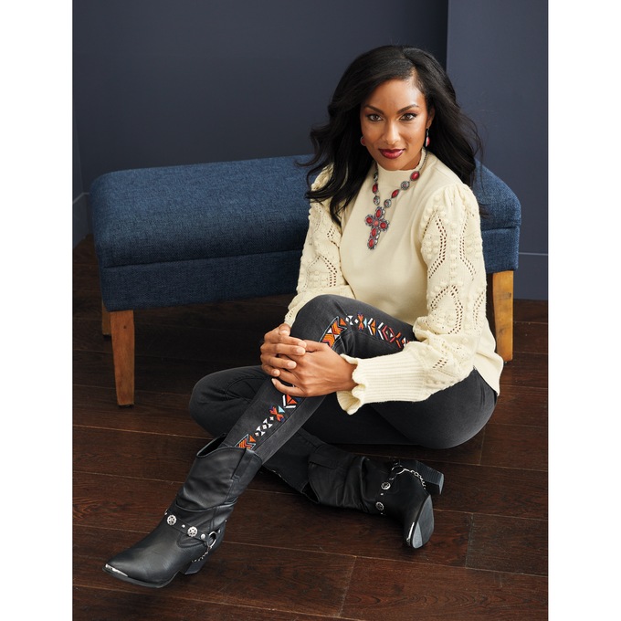 Nora Ribbed Women's Sweater with Pointelle Balloon Sleeves and Mockneck, , large