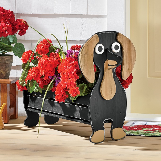 Chunky Wood Doxin Dog Planter, , large