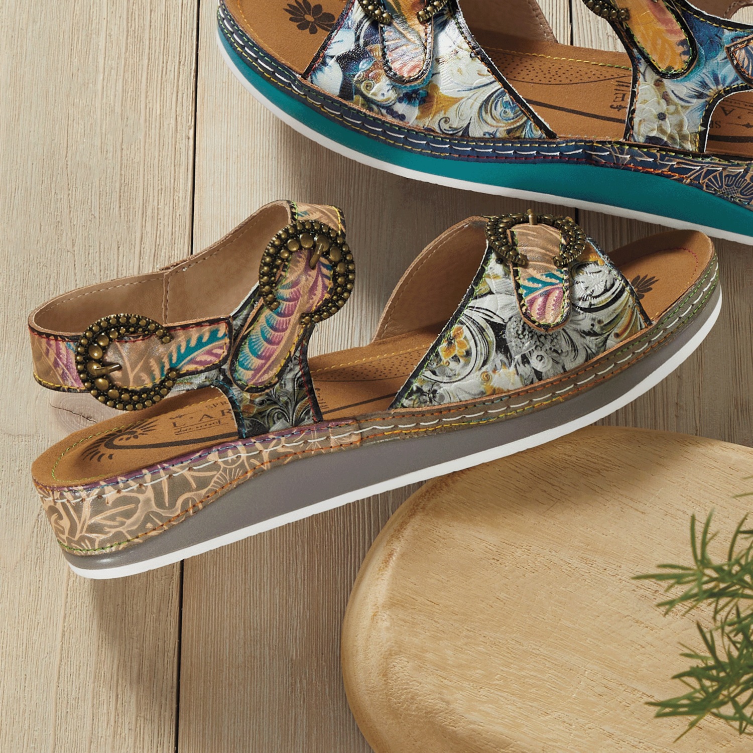 L'Artiste Offtrak Hand-Painted Leather Sandal with Low Heel and