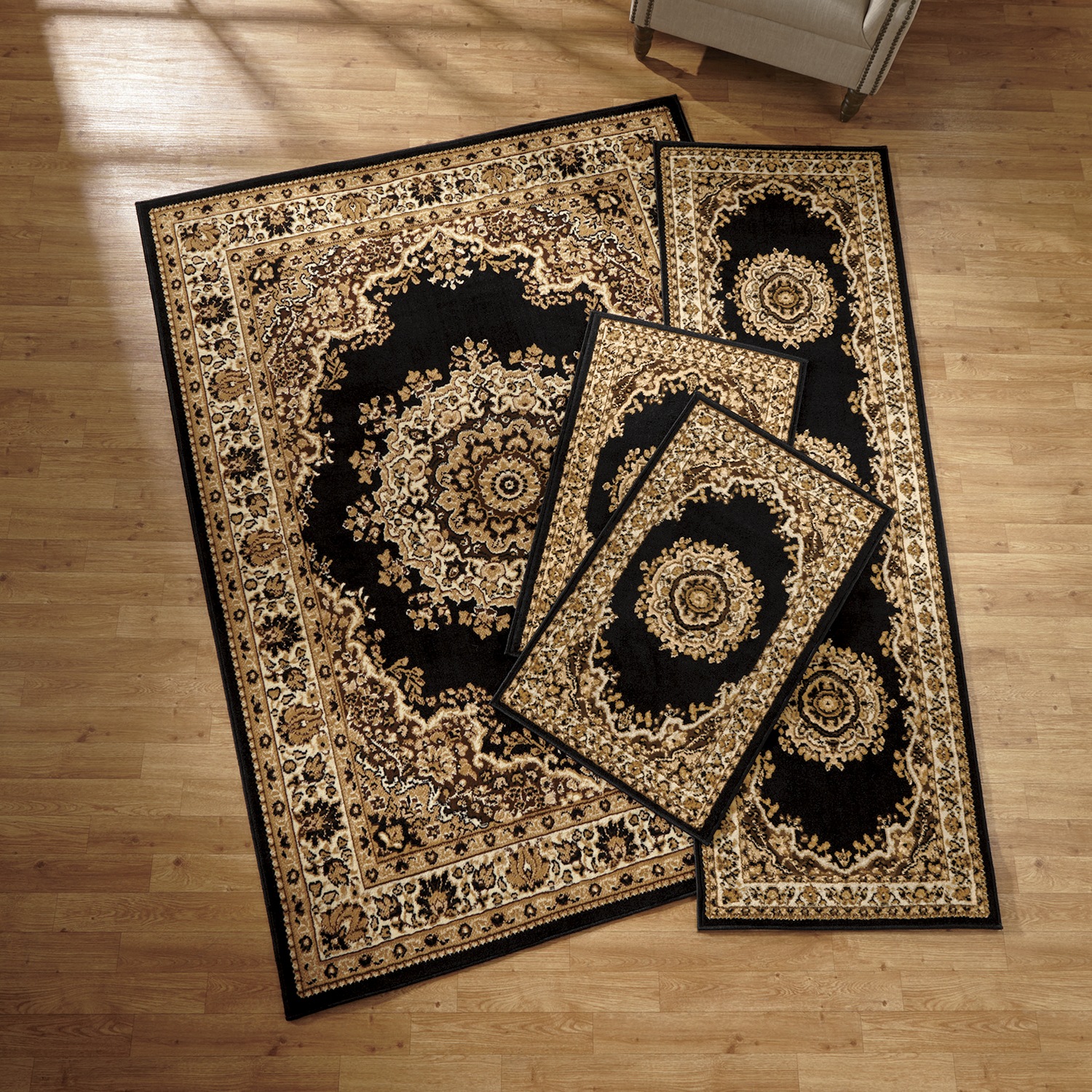 4-Piece Plush Floral Kirman Rug Set with Runner and Mats | Seventh
