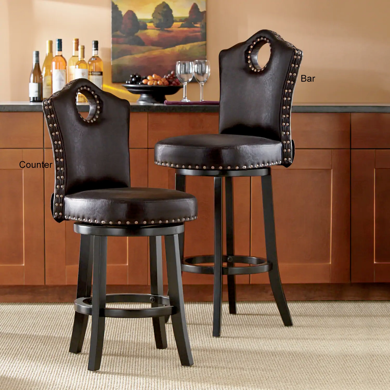 High-Back Swivel Bar or Counter Stool with Nailhead Trim | Seventh
