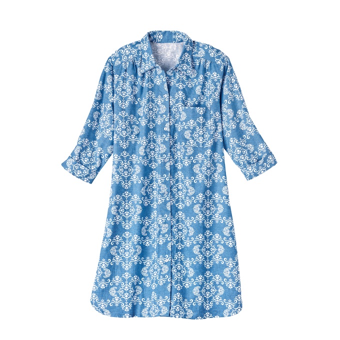 Printed Flannel PJs or Nightshirt, Blue Damask, large