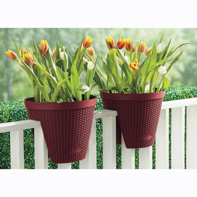 Set of 2 Basketweave Rail Planters, Red, large