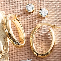 2-Pair Cubic Zirconia Stud &amp; Oval Hoop Earring Set, , large