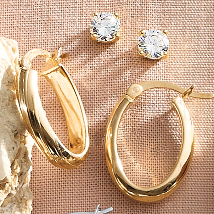 2-Pair Cubic Zirconia Stud & Oval Hoop Earring Set, , large