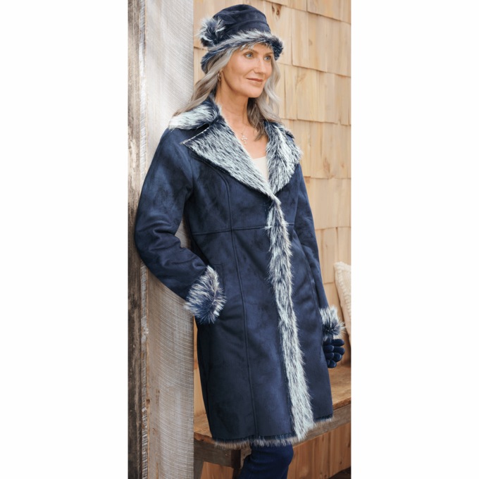Faux-Suede Coat with Faux-Fur Trim, , large