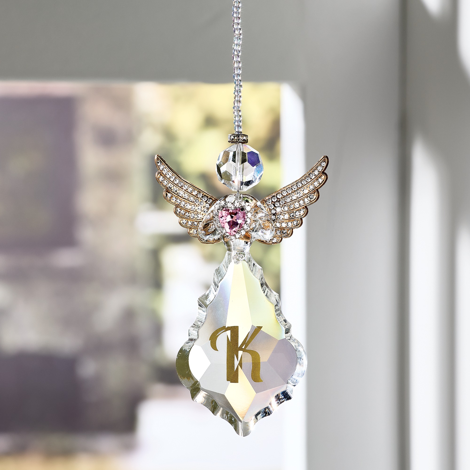 Goldtone Wing Glass Angel Hanging Figurine, Clear, large