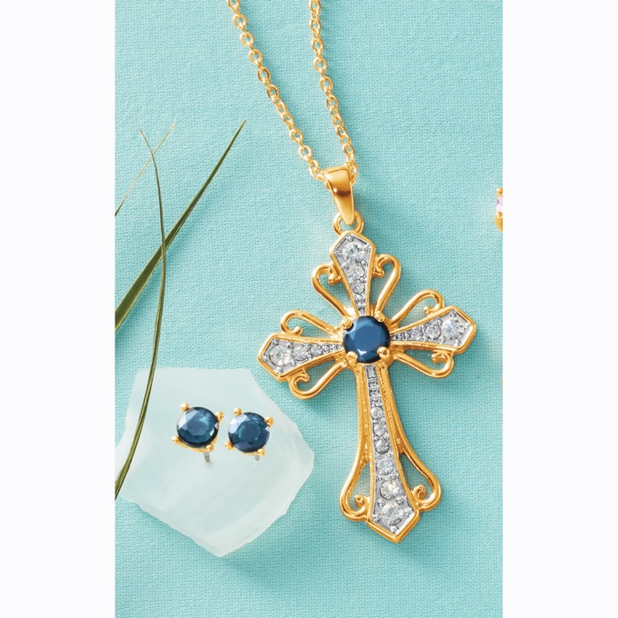 Gemstone Cross Pendant/Earrings Set, , large