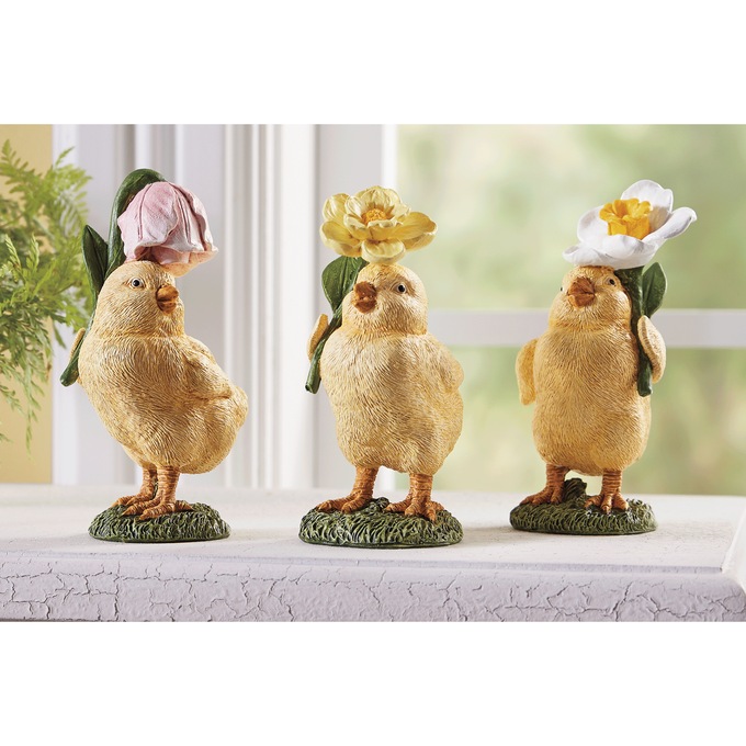 Set of 3 Chicks with Spring Flowers, , large