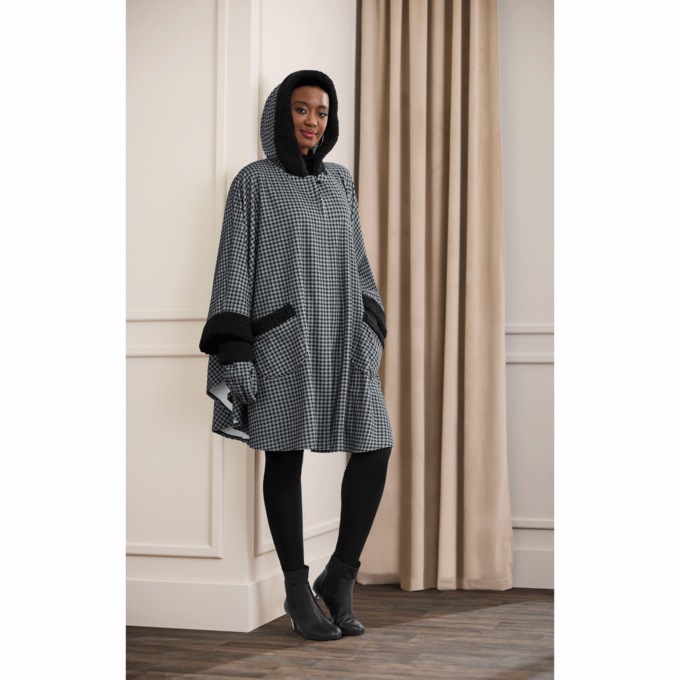 Sherpa-Trim Women's Fleece Cape and Glove Set, Black Houndstooth, large