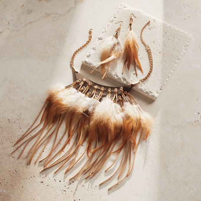 Faux-Feather/Faux-Leather Necklace & Earring Set, , large