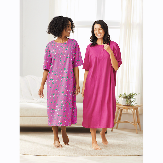 2-Pack Cotton Knit Henley Nightshirts for Women, , large