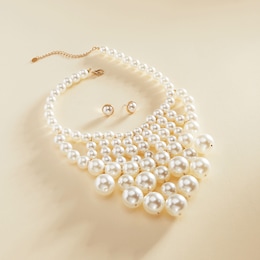 Faux-Pearl Bib Necklace &amp; Earring Set, , large