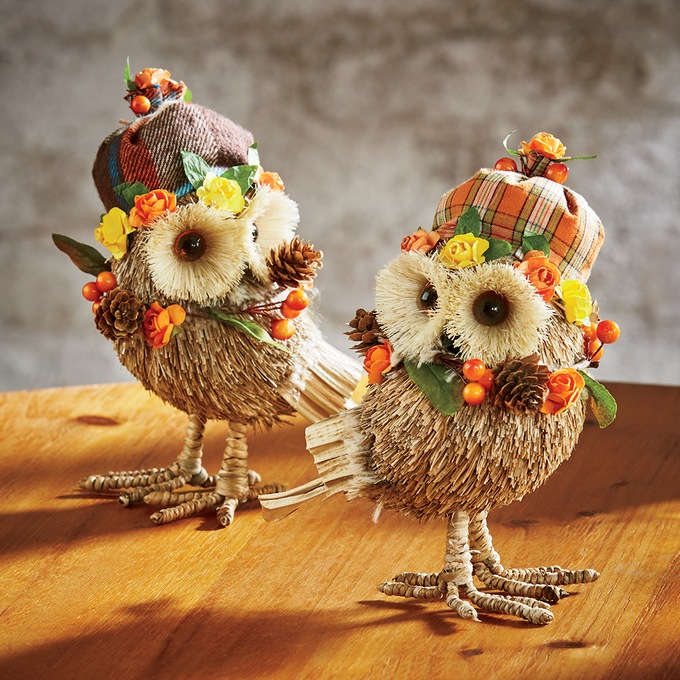Set of 2 Fall Sisal Owls, , large