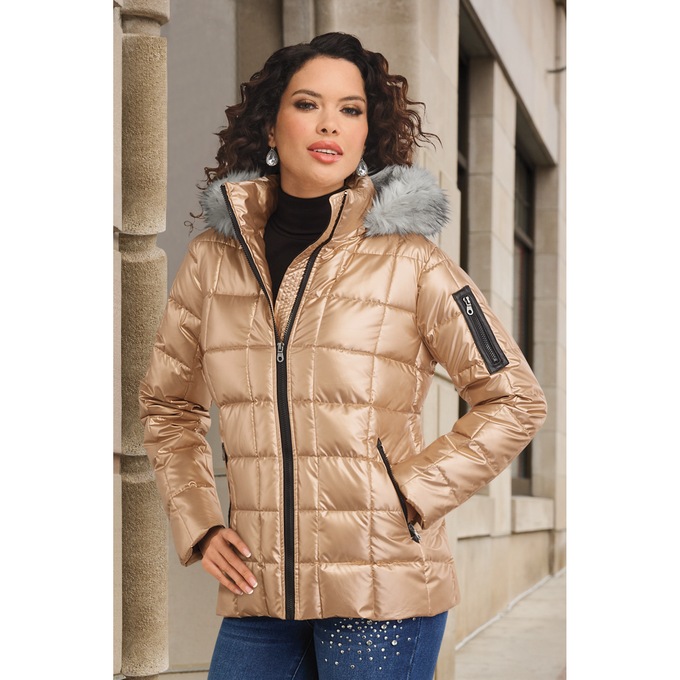 Mia Shiny Puffer Jacket with Faux-Fur Hood | Seventh Avenue