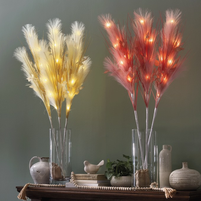 Set of 3 Lit Faux Pampas Grass, , large