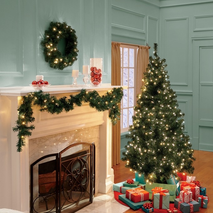 Pre-Lit Christmas Tree, Wreath & Garland Set, 3 Pieces, , large