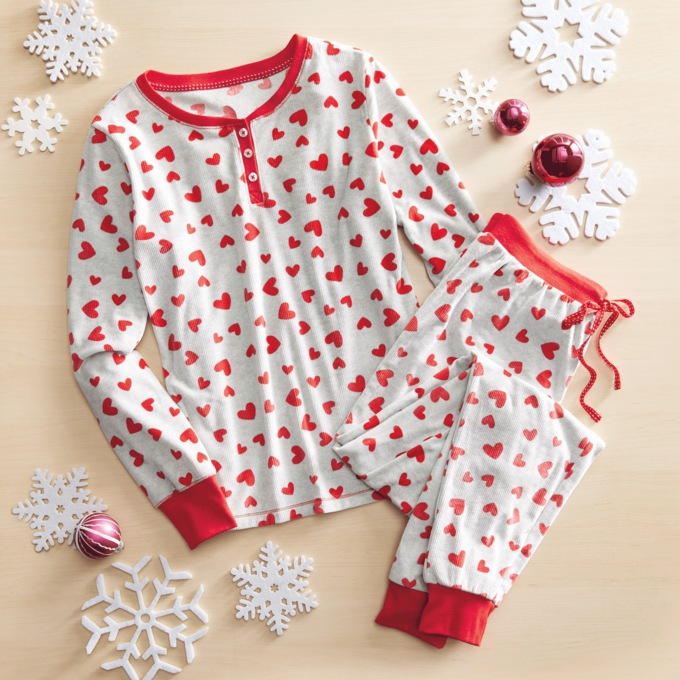 Soft Heart PJ Set in Stretch Velour with Henley Top and Pull-on Pant, , large