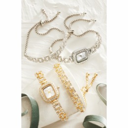 Women&rsquo;s Crystal Rectangular Watch &amp; Bracelet Set, , large