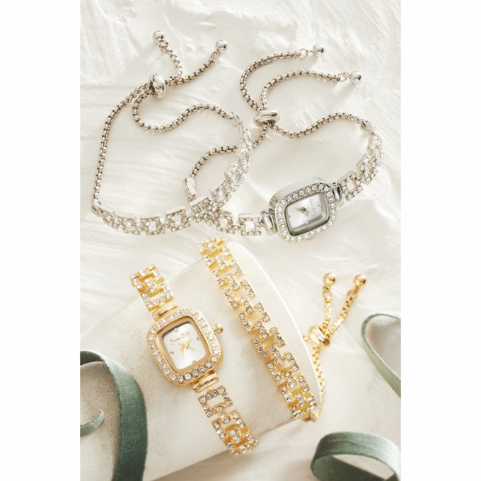 Women’s Crystal Rectangular Watch & Bracelet Set, , large