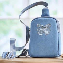 Studded Butterfly Distressed Denim Sling Bag with Adjustable Strap, , large