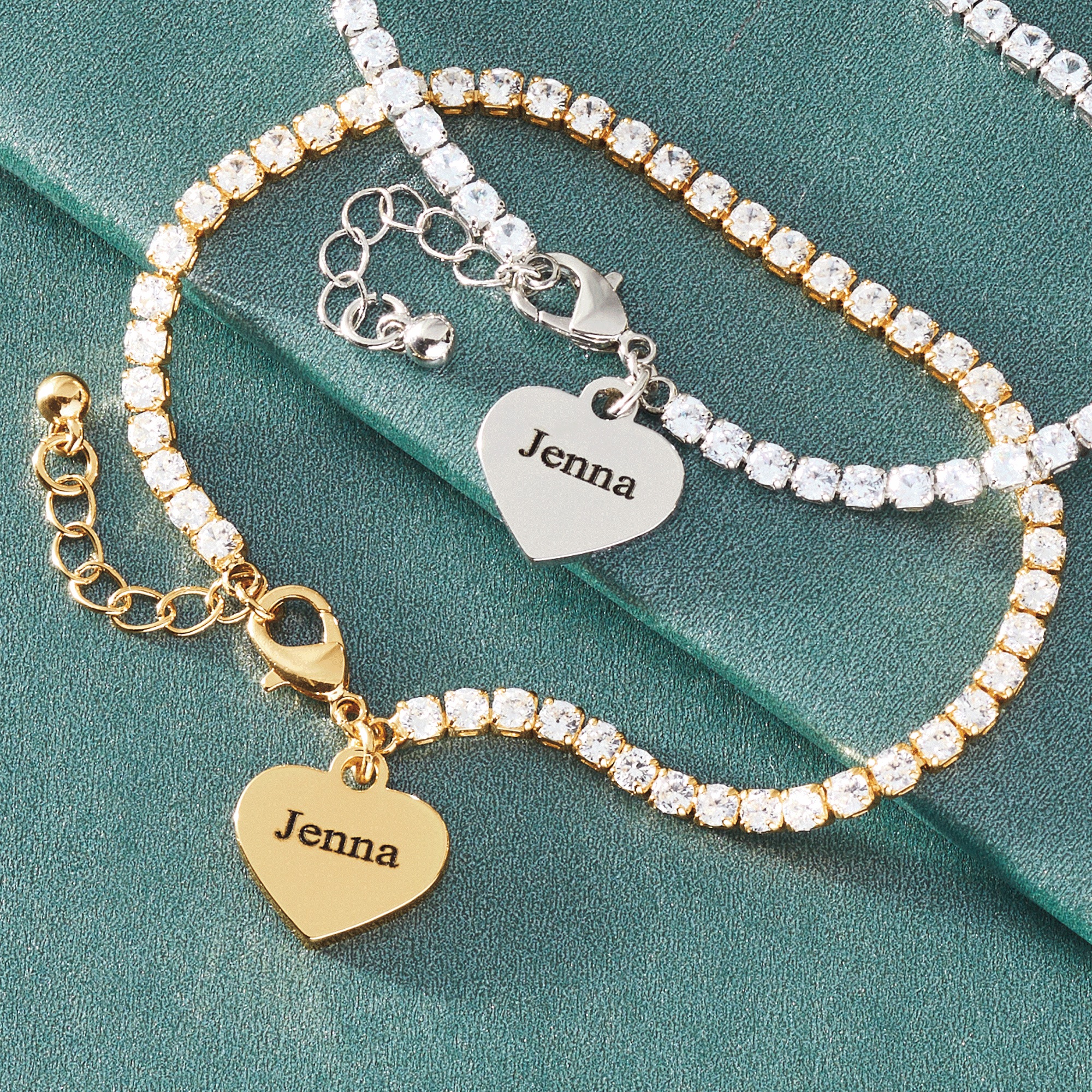 Personalized Heart Charm Cubic Zirconia Tennis Bracelet, Goldtone, large
