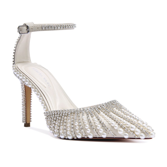 Azalea Wang Davina Ankle Strap 3" Pump with Rhinestones and Faux Pearls, , large