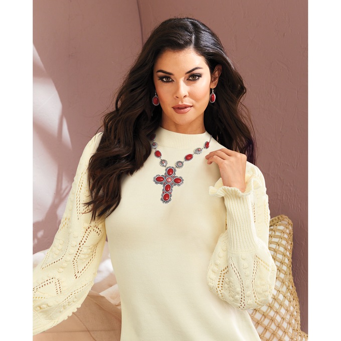 Nora Ribbed Women's Sweater with Pointelle Balloon Sleeves and Mockneck, Whisper White, large