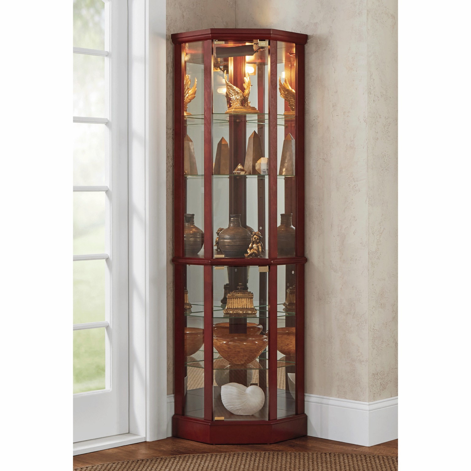 Tessa Lighted Display Corner Curio Cabinet with Glass Shelves and
