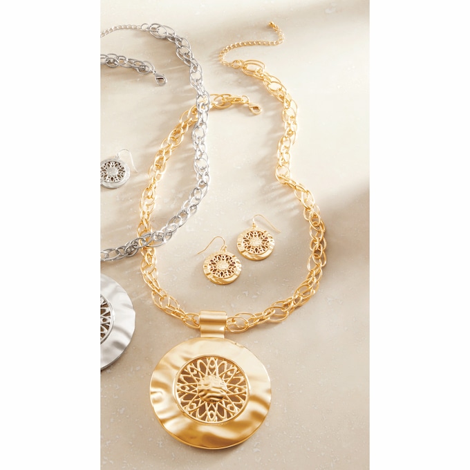 Large Medallion Necklace & Earrings Set, , large