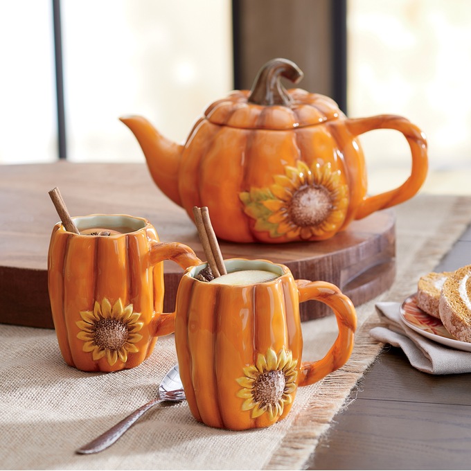 Pumpkin Teapot with Set of 2 Mugs, , large