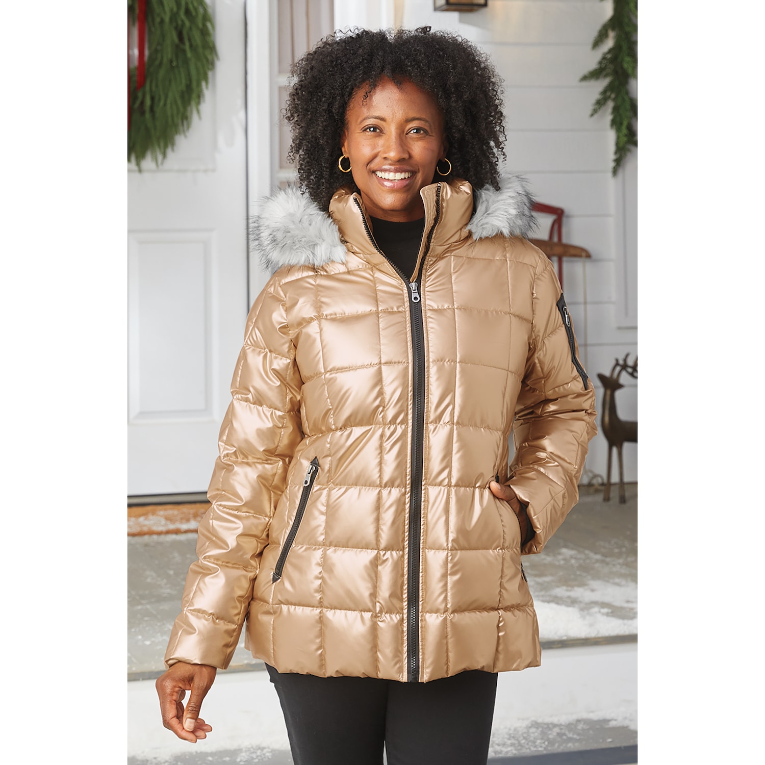 Mia Shiny Puffer Jacket with Faux-Fur Hood | Seventh Avenue
