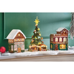 Lit Snowy Village Buildings, , large