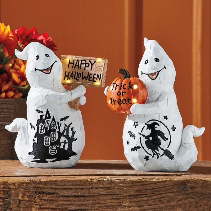 Set Of 2 Lit Happy Ghost Figurines, , large