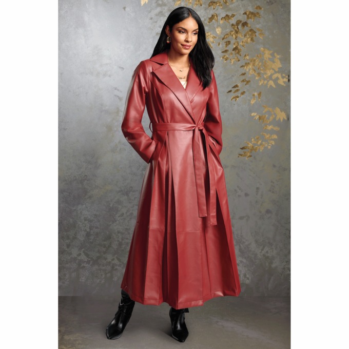 Leah Faux-Leather Women's Full-Length Trench Coat with Belt, , large