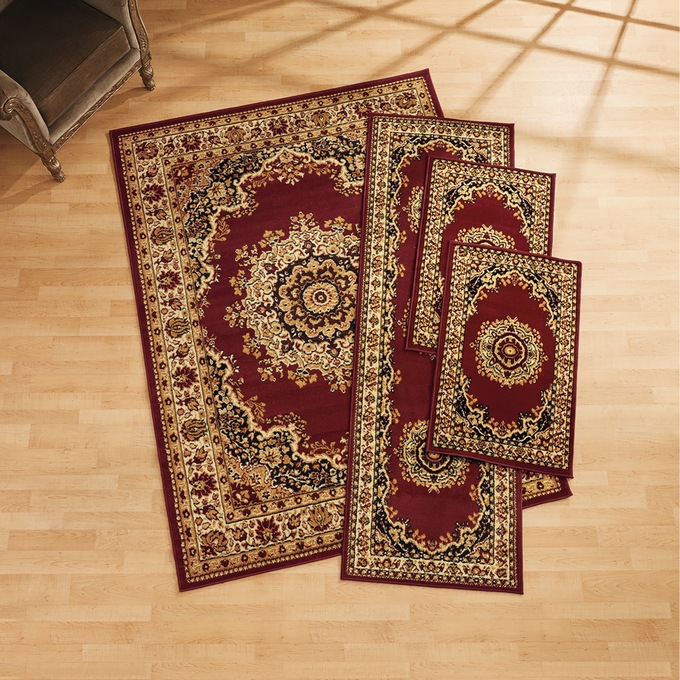 4-Piece Plush Floral Kirman Rug Set with Runner and Mats, Burgundy, large
