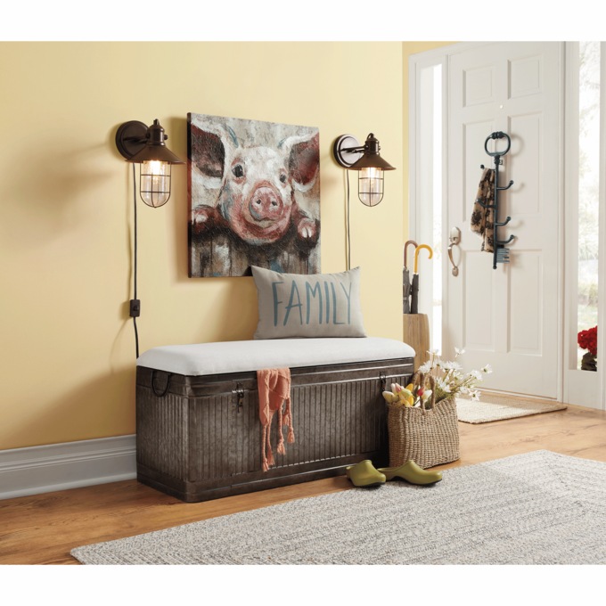 Rustic Galvanized Storage Bench with Upholstered Seat, , large