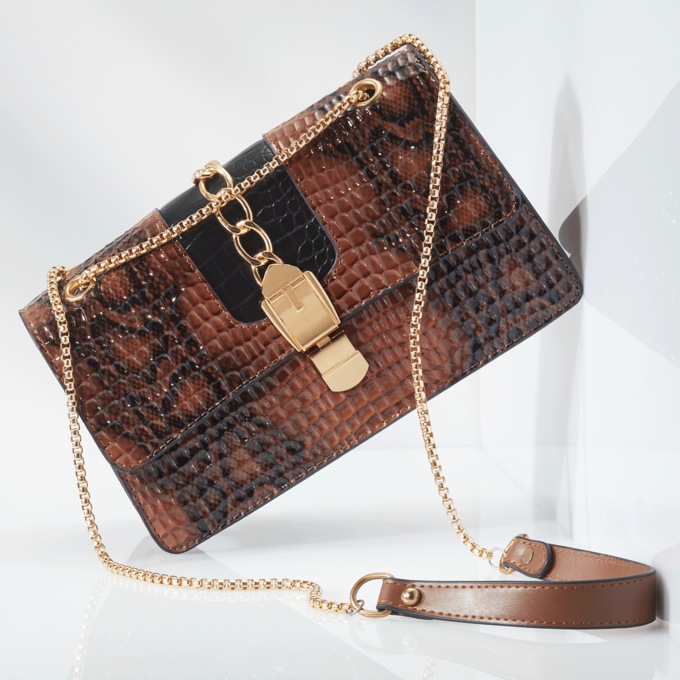 Embellished Croco Envelope Bag, Brown, large