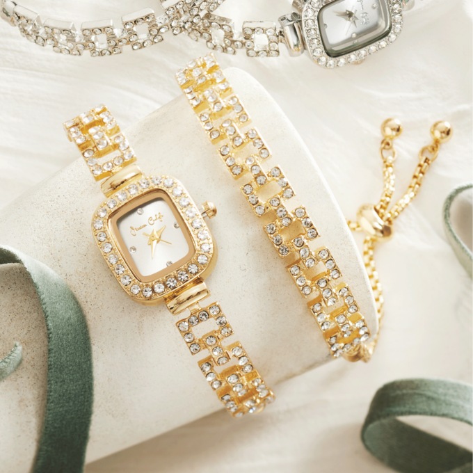 Women’s Crystal Rectangular Watch & Bracelet Set, , large