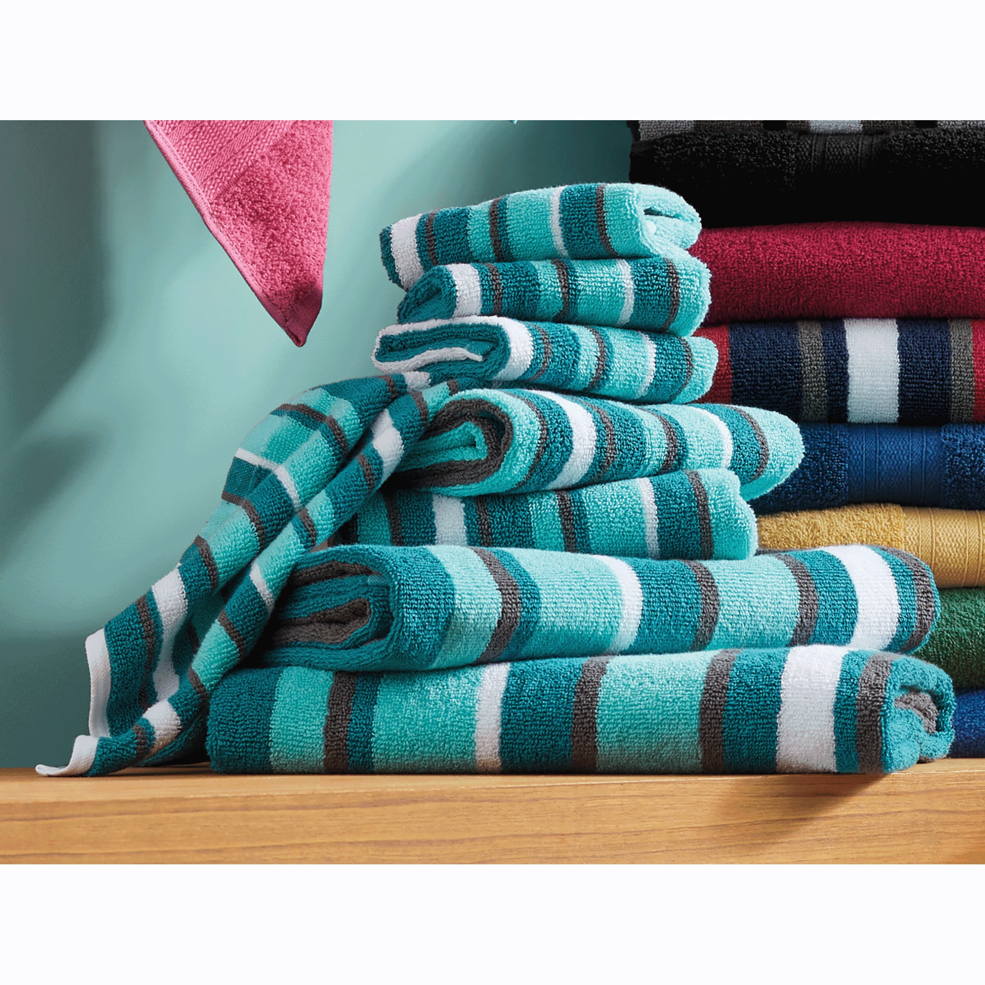 Color Connection Cotton Bath Towel Set, 8 Pieces, Teal Stripe, large