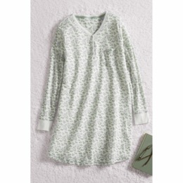 Organic-Cotton Knit Women&rsquo;s Sleep Shirt with Long Sleeves, V-Neck and Pockets, , large