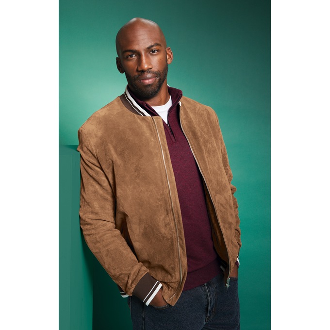 Suede Henley Bomber Jacket, , large